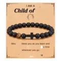 Black obsidian and tiger eye stone bead bracelet with cross pendant detail view. - Child Of