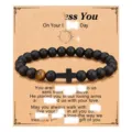 Matte black obsidian beaded bracelet with cross charm and tiger eye stone gift card. - YOU