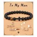 Mens beaded tiger eye stone bracelet with black cross pendant gift fashion jewelry detail view - To My Man