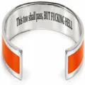 Stainless steel open cuff bracelet with vibrant orange enamel inlay and engraved motivational text. - Classic Inlaid Style / Orange & Steel Color