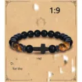 Mens natural obsidian tiger eye bead bracelet with black cross pendant fashion jewelry gift - 1:9