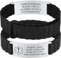 Stainless steel medical alert bracelet with black silicone strap and custom engraved text. - 20mm / Steel Color Curved Plate with Black Silicone Strap