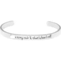 Stainless steel cuff bracelet detail showing engraved inspirational English text. - Scripture Engraved Style 12