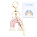 Macrame rainbow keychain with letter beads and cute card, detailed view of woven bag charm. - Keychain & Card - 17