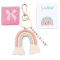 Macrame rainbow keychain with letter beads and gold clasp for back to school gift details. - Keychain with Card & Box - 5