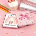 Pink crystal heart gift box detail view with cute rainbow card and ribbon bow decoration. - Heart Crystal with Card and Pink Spotted Box