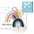 Handmade woven rainbow keychain with heart stone and tassel, cute bag charm and key ring. - Keychain with Card & Box - 3