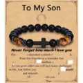 Mens obsidian tiger eye bead bracelet with cross pendant and loving son message card gift - To My Son
