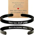 Stainless steel open cuff bracelet with inspirational engraved text for daily motivation. - Double-Sided Engraved / Black