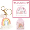 Handmade macrame rainbow keychain with pink heart charm and cute back-to-school greeting card. - Keychain with Card & Organza Bag - 7