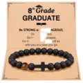 Black obsidian and tiger eye stone beaded bracelet featuring a cross charm for graduation gifts. - 8th