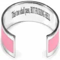 Stainless steel open cuff bracelet with pink enamel and custom inner laser engraved motivational text. - Classic Inlaid Style / Pink & Steel Color