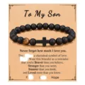 Mens Black Obsidian Tiger Eye Stone Beaded Bracelet with Cross Pendant Gift for Son - To My Son 2