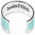Stainless steel open cuff bracelet with light blue enamel inlay and engraved motivational text. - Classic Inlaid Style / Green & Steel Color
