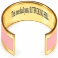 Stainless steel open cuff bracelet with pink enamel and custom laser engraved quote. - Classic Inlaid Style / Pink + Gold