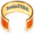 Stainless steel cuff bracelet, orange enamel gold tone open bangle with engraving. - Classic Inlaid Style / Orange & Gold