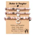 Mother and daughter beaded bracelet set with heart charms, matching pink natural stone jewelry. - Heart 3-Piece Set-8
