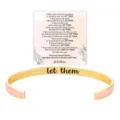 Gold stainless steel cuff bracelet detail shot, pink enamel inlay and inspirational message card. - Pink Gold - Let Them
