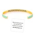 Stainless steel open cuff bracelet with motivational quote engraving and elegant enamel inlay. - Green Gold - When