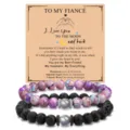 Detailed view of couple beaded bracelets featuring imperial jasper, volcanic rock and moonstone. - Imperial Stone & Lava Stone with To My Fiance
