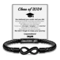 Mens black braided leather graduation bracelet with infinity stainless steel clasp. - Class of 2025