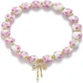 Ceramic floral beaded stretch bracelet with gold bow pendant for women friendship jewelry - Pink Floral Style 3