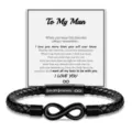 Detailed view of black braided leather bracelet with magnetic infinity clasp and romantic card. - To My Man - 1