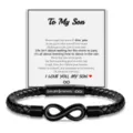 Men stainless steel braided leather bracelet with infinity magnetic clasp and son card. - To My Son