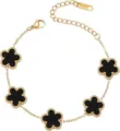 Gold-tone stainless steel bracelet featuring black clover flower charms and lobster clasp. - Black and Gold-5