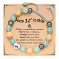 Handcrafted beaded birthday bracelet with number charm and message card for teen girls gift - 14th Birthday