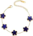 Gold stainless steel blue clover flower bracelet, elegant 18KGP jewelry detail design for women. - Royal Blue and Gold-6