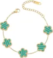 Gold titanium steel clover detail bracelet showcasing stylish green striped flower charms. - Peacock & Gold - 8