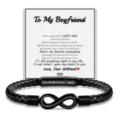 Men's stainless steel leather bracelet detail showcasing braided band, magnetic clasp, and romantic card. - To My Boyfriend