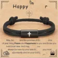 Men's black braided rope bracelet with stainless steel cross pendant, stylish faith jewelry. - Happy - 1