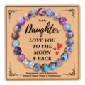 Vue détaillée du bracelet de perles en jaspe impérial et pierre de lune sur carte cadeau fille. - Jaspe impérial avec carte Daughter et pierre de lune de qualité 5A