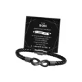 Details of the black braided leather mens bracelet featuring infinity symbol and magnetic clasp. - To My Son - Black