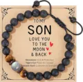 Herren Perlenarmband mit Vulkangestein und Tigerauge Steinen auf herzlicher Geschenkarte. - Mondstein der Klasse 5A / An meinen Sohn - 1