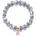 Blue white porcelain ceramic bead stretch bracelet with gold spacers and pink ribbon. - Blue Porcelain Style 8