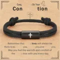 Handmade braided Milan rope bracelet with stainless steel rectangular cross faith detail view. - 4