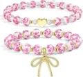 Chic pink floral ceramic bead bracelets set with gold heart and bow pendants for women - Pink Set Style 10
