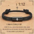 Men's black braided rope bracelet with stainless steel cross charm faith jewelry piece. - 1:12-5