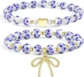 Blue and white porcelain ceramic bead bracelet set with gold heart and bow pendants. - Blue Set Style 9