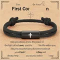 Handmade woven black rope stainless steel cross bracelet for men faith religious jewelry - First - 6