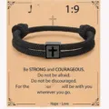 Handmade woven nylon rope bracelet featuring a black stainless steel cross charm for men. - 1:9-8