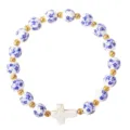 Blue and white porcelain ceramic bead stretch bracelet with gold metal beads and cross. - Cross Style 14