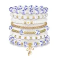 Blue and white porcelain floral bead bracelet set with gold beads and cute bow charm. - Layered Set Style 12