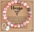 Pink Imperial Jasper Stone Nurse Bracelet with Heart Cap Pendant Appreciation Gift - Pink Zebra Jasper Nurse Hat - 12