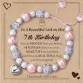 Pink white pearl beaded birthday bracelet with heart charm for girls gift variant - 7th Birthday Pearl Style