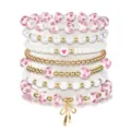 Stackable multi-layer floral ceramic pearl and gold bead bracelet set with bow pendant - Pink Layered Set Style 13