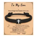 Mens black braided rope bracelet with cross charm displayed on gift card main product view - Cross Woven Bracelet (To My Son) / Black